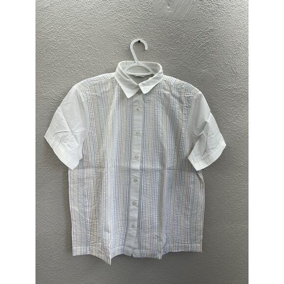 Orvis Womens Shirt Size 14 Rainbow Striped Pin-Tuck Short Sleeve Button Up - Picture 1 of 11